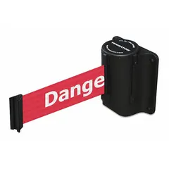 Wall-mount retractable belt barrier with a 7 1/2 ft red belt and white Danger messaging on a black frame. Fixed mounting plate for permanent installation. Used to manage pedestrian traffic and delineate restricted areas in industrial and public settings.