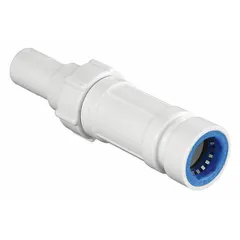 Slide repair coupling for repairing damaged sections of plastic irrigation or plumbing lines. Features a 3/4" push-fit connection on one end and a 3/4" spigot on the other, allowing quick installation without glue or clamps. Made of ABS plastic/PVC with a maximum working pressure of 150 psi.