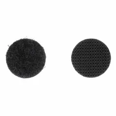 Pre-cut hook-and-loop disc, 3/4 in diameter, made of black nylon with an adhesive backing. Used for quick attachment and removal of lightweight components, cable management, or temporary fixtures in industrial settings.