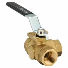 This three-way ball valve is made of brass with an L flow configuration, allowing flow to be directed between two of three ports. It features 1-inch female NPT connections on all ports and a standard port ball port. The lever handle provides manual operation. Typical applications include diverting or mixing flow in plumbing and industrial piping systems.