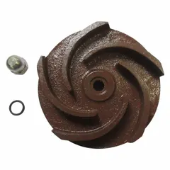 This cast iron impeller features a semi-open design for handling fluids with small solids. Includes a lock nut for secure installation. Compatible with Dayton straight centrifugal pumps, model 2ZWP8A. Suitable for water transfer and light slurry applications in industrial settings.