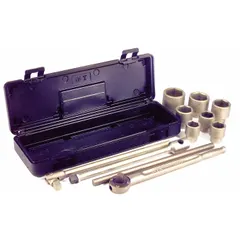 This 11-piece non-sparking, non-magnetic socket set includes seven 6-point metric sockets from 36 mm to 60 mm and an 18 in pear head ratchet with a 3/4 in drive. Suitable for use in hazardous environments where spark-free tools are required for fastener tightening and loosening.