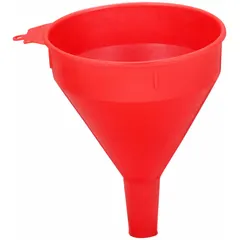 This spout funnel has a 64 fl oz fluid capacity and a 6 1/2 in overall diameter. Made of red polyethylene, it includes a built-in screen to filter debris during fluid transfer. A hanging tab is provided for convenient storage. Suitable for transferring oil, coolant, or water into tanks and reservoirs in automotive and industrial maintenance settings.