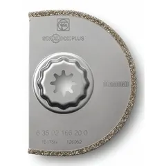 This Starlock-mounted scraper blade features a diamond grit coating for abrasive scraping tasks. With a 3 9/16 in blade length and rounded shape, it is suited for removing adhesives, paint, and thin-set mortar from floors and walls when used with compatible oscillating tools.