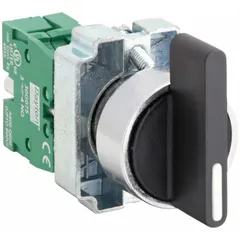 This selector switch features a long-handled knob with a metallic bezel and plastic operator head. It has a maintained/maintained action with two positions (Off/On) and is non-illuminated. The switch is rated 10 A at 600 V AC and 2.5 A at 600 V DC. Typical applications include manual on/off control in industrial control panels and machinery where a stable circuit state is required.