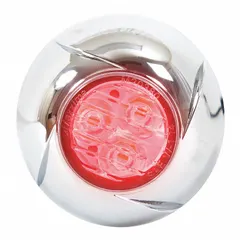 Red LED perimeter warning light for vehicles, operating at 12V DC. Round shape with chrome bezel, screw mount, and wire leads. Offers 17 selectable flash patterns for hazard signaling on service trucks, construction equipment, and emergency vehicles.