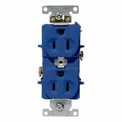 General purpose duplex receptacle rated 15A at 125V AC with NEMA 5-15 configuration, 2-pole/3-wire grounding. Blue color aids identification in color-coded electrical systems. Suitable for standard branch circuits in residential, commercial, and industrial settings.