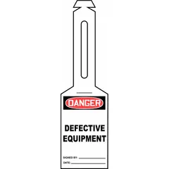 White single-part danger tags with attached strap, size #7, supplied in a 25-pack. The legend is not the same on both sides. Used to mark defective or dangerous equipment in industrial facilities to prevent accidental use.