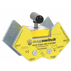 This switchable welding magnet holds ferrous workpieces at seven preset angles (45°, 60°, 75°, 90°, 105°, 120°, 135°) with up to 400 lb of magnetic pull. It enables hands-free fixturing during welding, fabrication, and assembly operations.