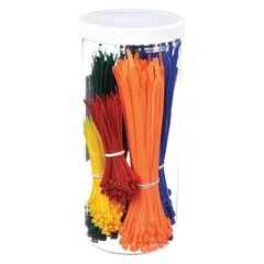 Cable tie assortment kit containing 500 Nylon 6/6 ties with plastic pawl locking. Includes 100 orange ties of 7.9 inches. Assorted colors. Used for bundling and organizing wires and cables in general electrical and maintenance applications.