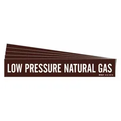 Brown adhesive pipe marker with white legend text reading 'Low Pressure Natural Gas'. Designed for pipe outer diameters of 8 inches and larger. Pack of 5 markers without arrows. Used to identify low pressure natural gas lines in industrial piping systems.