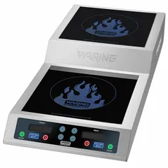 Double induction range with two digital stations and a ceramic glass cooking surface. Operates on 240V AC. Suitable for commercial kitchens requiring fast, precise heating for tasks such as sautéing, boiling, and simmering.