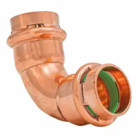 This 90-degree elbow is a press tube fitting for copper piping systems, used to change pipe direction. It features a seal window for visual installation verification. The fitting is made of copper or bronze and has a 3/4 in CTS x 3/4 in CTS size