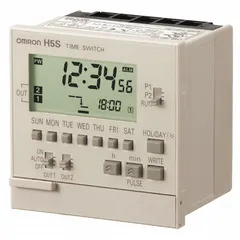 Panel cover-mounted digital timer switch with SPST-NO contacts, operating on 100-240V AC. Provides 48 programmable events for 365-day scheduling. Suitable for industrial timing applications such as lighting, HVAC, or process equipment control.