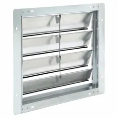 This wall-mount backdraft damper features a single panel with flat blades, designed for vertical mounting and horizontal airflow. It measures 19 inches high by 19 inches wide by 2 1/4 inches deep, with a maximum air velocity of 2000 fpm. Commonly used in exhaust ventilation systems to prevent reverse airflow when the fan is off.