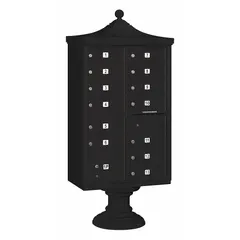 Horizontal multi-unit mailbox with 14 lockable front-access doors. Overall dimensions 71 3/4 in H x 31 in W x 18 1/2 in D. Designed for pedestal mounting. Suitable for centralized mail delivery in multi-tenant residential or commercial buildings.