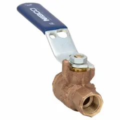 This NIBCO bronze ball valve features a straight two-way design with 3/8 in FNPT x FNPT connections. It is equipped with a lever handle and rated for a maximum pressure of 600 psi (CWP). Suitable for on/off flow control in plumbing and HVAC systems.