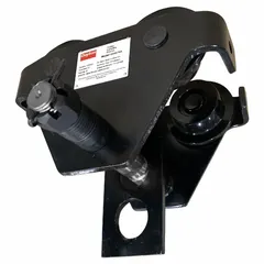 This push trolley suspends and manually moves a hoist along a flat beam. It accommodates beam flanges from 4 5/8 to 8 inches wide and supports hoists up to 10,000 lb. The cast iron frame provides a rigid mounting point for lifting and positioning loads in industrial settings.