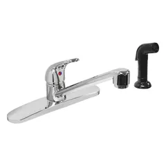 This single-post kitchen faucet is constructed from cast brass with a silver finish. Designed for deck mounting, it requires four mounting holes for installation. Suitable for residential and light commercial kitchen sink applications, it provides a functional fixture for washing and food preparation.