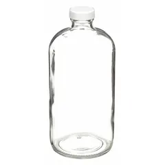 Colorless soda lime glass bottle (USP Type III) with attached 33-400 mm polypropylene screw closure and polyethylene/PTFE liner. Not graduated or pre-cleaned. Suitable for general laboratory liquid sampling, storage, and transport.
