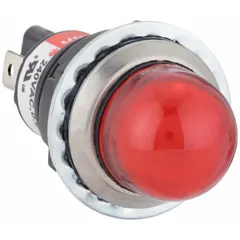This LED indicator pilot light features an 18 mm panel mounting hole diameter and a raised head design for enhanced visibility. It uses a 0.187 in tab electrical connection for easy wiring. Suitable for signaling machine status, power-on conditions, or alarm states on industrial control panels.