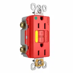 This hospital-grade duplex GFCI receptacle is rated 125V AC, 15 A, 2 Pole / 3 Wire with a 5-15R configuration. The red housing indicates GFCI protection. Typical applications include healthcare facilities, laboratories, and industrial wet locations where personnel shock protection is required.