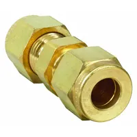 Brass double-ferrule compression union for connecting two tubes of 1/4 in outer diameter. Compression x Compression type. Compatible with Parker A-LOK fittings. Used in instrumentation, hydraulic, and pneumatic tubing systems for leak-tight, vibration-resistant connections