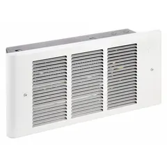 This register-style recessed electric wall heater from Dayton operates on 208/240V AC single-phase and offers selectable wattage outputs of 500 W, 1000 W, 1500 W, or 2000 W. It features a white grille and is non-programmable. The unit is designed for flush wall mounting in spaces where floor or baseboard heaters are impractical, such as bathrooms, offices, or additions.