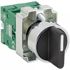 This 3-position selector switch features a short-handled plastic knob operator and a metallic bezel. It offers momentary/maintained/momentary action with On-Off-On switching functions. Rated for 10 A at 600 V AC and 2.5 A at 600 V DC, it is suitable for panel-mount control applications requiring mode or function selection.
