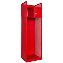 Steel open-front locker with galvanneal finish and red color. Two compartments, two shelves, hanging rod, and security box in top compartment. Frame assembled. Suitable for storing and airing turnout gear in fire stations.