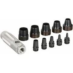 This 11-piece gasket punch set includes metric hollow punches for cutting clean holes in light sheet metal and gasket materials. Punches are hollow-ground for precise, burr-free holes. Supplied in a storage case, the set is suitable for applications such as automotive, HVAC, and industrial maintenance.