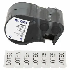 Precut label roll cartridge for BMP53 printer series. Labels are 1/2 in x 1 1/2 in, metalized polyester, black on gray. Used for industrial identification, cable marking, and asset labeling.