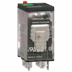 Socket-mounted relay with square base and Faston terminals. DPDT contact configuration, 24V AC coil, rated 15 A, operating current 10 A at 151/277V. Suitable for switching loads in industrial control panels, HVAC systems, and automation equipment.