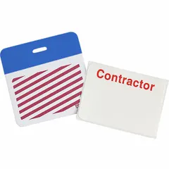 White vinyl clip-on ID badge with red legend. Card height 2 inches, width 3 inches. Supplied in a 500-pack. Used for personnel identification and access control in industrial and commercial settings.