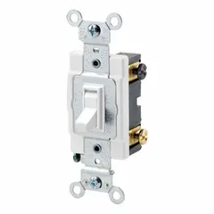 This 4-way toggle wall switch is used in multi-location lighting control circuits, allowing a single fixture to be operated from three or more points when combined with two 3-way switches. It is a maintained, non-illuminated switch rated for 15 amps at 120/277 volts AC, with a white finish.