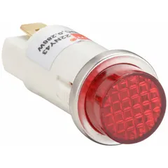 This LED indicator pilot light features a raised panel head designed for a 12 mm panel mounting hole diameter. It provides visual status signals on industrial control panels, machinery, and equipment. Electrical connection is via a 0.187 in tab.