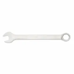 This SAE 12-point combination wrench features a satin finish and offset design for clearance over obstructions. With a 2-3/8 in head size and 29-3/4 in overall length, it is suited for tightening or loosening fasteners in large-scale equipment and mechanical assemblies requiring high torque and extended reach.