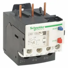 3-pole IEC thermal overload relay with integrated bimetallic elements, rated 0.63 A to 1 A. Features 1NO/1NC auxiliary contacts, screw clamp terminals, and phase loss sensitivity. Maximum voltage rating 690V AC. Designed for motor protection in conjunction with TeSys Deca contactors (9 to 38 Amp models).