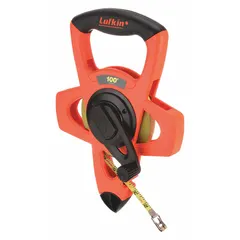 Manual open-reel long tape measure with a steel blade, single-sided SAE markings in 1/8-inch increments, and a nonmagnetic single hook end. Housed in a plastic case with grip for handling. Suitable for measuring long distances in construction, surveying, and industrial layout work.