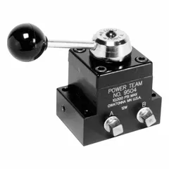 Manual lever-operated directional control valve with two positions, three-way/four-way configuration. Ports: 1/4" NPT and 3/8" NPT. Function: Pressure/Tank. Not load holding. Used for directing hydraulic fluid flow in industrial systems such as hydraulic presses, jacks, and material handling equipment.