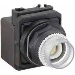 Momentary-action illuminated push-button operator with extended-length design for enhanced visibility. Non-metallic construction with clear operator. Suitable for 30 mm panel cutouts in industrial control panels for machine start/stop or signaling applications.