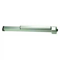 This rim-type exit device features a touchbar style and is constructed from aluminum. It is designed for doors up to 3 ft wide and is ADA compliant. Suitable for use on single doors requiring push-pad operation in commercial and institutional settings.