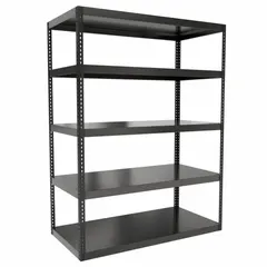 This extra-heavy-duty boltless shelving unit features solid steel decking and an open side panel design. Constructed from steel with a powder-coated black finish, it has an angle beam profile and a maximum post load capacity of 6,000 lb with beams evenly spaced at 21 in. Suitable for industrial storage of palletized or bulk materials in warehouses and distribution centers.