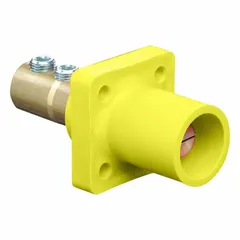 This LEVITON Series 16 single pole male receptacle features a straight taper nose mating design and double set screw termination, rated at 400 A. It is used in industrial power distribution systems for high-current connections in manufacturing, data centers, and heavy equipment.