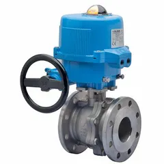This electrically-actuated two-way ball valve features a stainless steel body with flange x flange connections and a 1-inch port size. It operates on 12V AC/DC power and includes an ISO 5211 actuator mounting pad with manual override. Suitable for on/off flow control of liquids and gases in industrial piping systems.