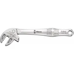 This ratcheting lever-locking adjustable wrench is constructed from steel with a satin chrome finish. It has a 4 5/8 in overall length and a 3/8 in jaw capacity, with a comfort grip. The tool is used for tightening and loosening fasteners in maintenance, assembly, and repair tasks, particularly in confined spaces where continuous turning is not possible.