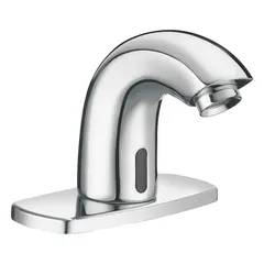 This SLOAN SF Series faucet features a brass body with chrome finish, designed for single-post installation. It operates on battery power using (4) AA alkaline batteries and includes a back-check tee. Suitable for hands-free operation in commercial restroom settings.