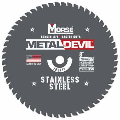 MORSE Circular Saw Blade: 8 in Blade Dia., 56 Teeth, 0.06 in Cut Wd, 5/8 in Arbor Size - Stainless Steel-Cutting Blades