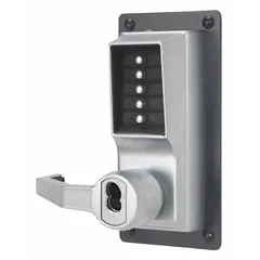 Mechanical push button lockset in chrome finish. ADA-compliant keyless entry with push-button operation. Key override via LFIC Schlage core (core not included). Suitable for interior doors requiring code access without keys.