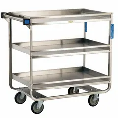Open stainless steel utility cart with three shelves and a 700 lb maximum load capacity. All-swivel casters provide maneuverability. Overall height 37 1/4 inches. Suitable for transporting supplies and goods in commercial kitchens, warehouses, and industrial settings.